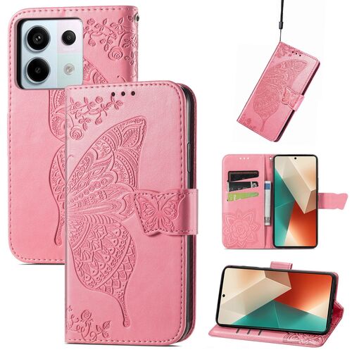 F�r Xiaomi Redmi Note 13 Pro / Poco X6 Kunstleder Wallet Handy Tasche Schmetterling Design Schutz H�lle Pink