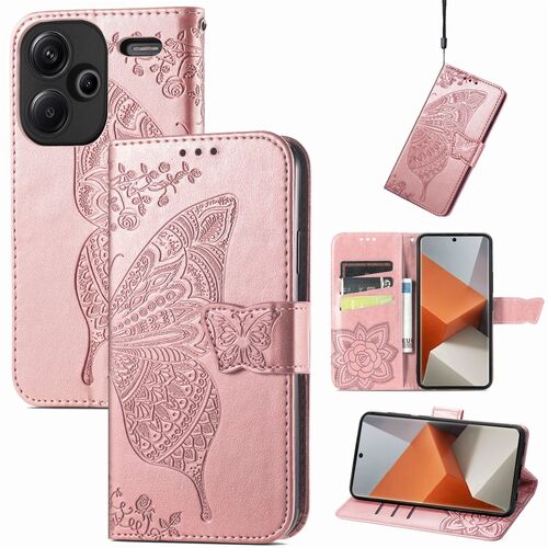 F�r Xiaomi Redmi Note 13 Pro Plus Kunstleder Wallet Handy Tasche Schmetterling Design Schutz H�lle Rosa