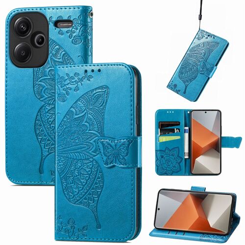 F�r Xiaomi Redmi Note 13 Pro Plus Kunstleder Wallet Handy Tasche Schmetterling Design Schutz H�lle Blau