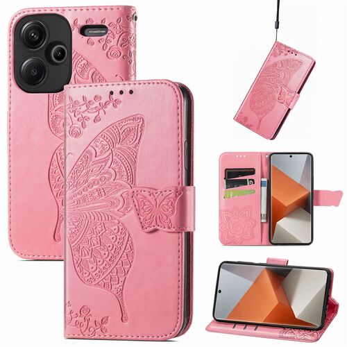 F�r Xiaomi Redmi Note 13 Pro Plus Kunstleder Wallet Handy Tasche Schmetterling Design Schutz H�lle Pink