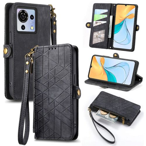 Fr Handy Modelle Geometric Schutz Kunstleder Zipper Wallet Tasche mit Schlaufe 