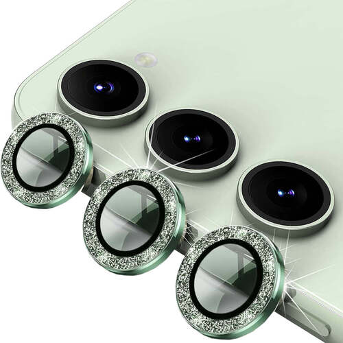 F�r Samsung Galaxy S24 Aluminium Glitzer Ring Kamera + H9 Hart Glas Gr�n