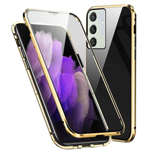 F�r Samsung Galaxy A35 Beidseitiger 360 Grad Magnet Glas H�lle Handy Tasche Bumper Gold