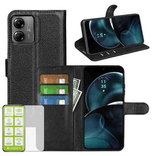 F�r Motorola Moto G34 Book Wallet Handy Tasche Schwarz + Hart Glas