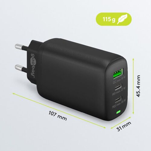 Goobay Schnellladeger�t 2x USB-C 1x USB-A Anschluss (65W) Schwarz