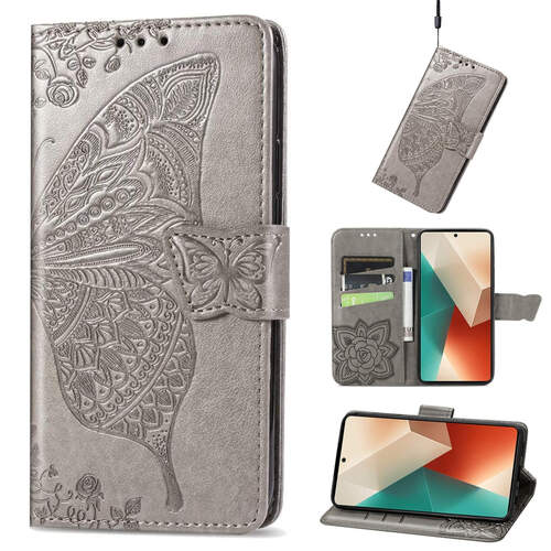F�r Xiaomi Poco M6 Pro 4G / Redmi Note 13 Pro 4G Kunstleder Wallet Handy Tasche Schmetterling Design H�lle Etuis Grau