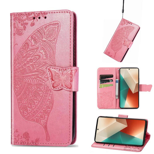 F�r Xiaomi Poco M6 Pro 4G / Redmi Note 13 Pro 4G Kunstleder Wallet Handy Tasche Schmetterling Design Schutz H�lle Pink