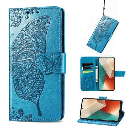 F�r Xiaomi Poco M6 Pro 4G / Redmi Note 13 Pro 4G Kunstleder Wallet Handy Tasche Schmetterling Design Schutz H�lle Blau