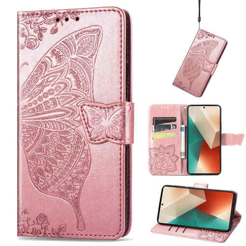 F�r Xiaomi Poco M6 Pro 4G / Redmi Note 13 Pro 4G Kunstleder Wallet Handy Tasche Schmetterling Design Schutz H�lle Rosa