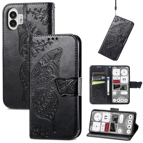F�r Nothing Phone 2 Kunstleder Wallet Handy Tasche Schmetterling Design H�lle Etuis Schwarz