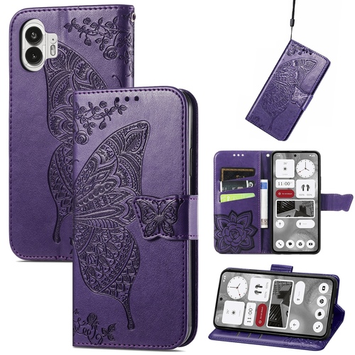 F�r Nothing Phone 2 Kunstleder Wallet Handy Tasche Schmetterling Design H�lle Etuis Lila