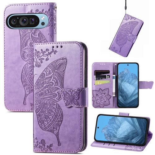 F�r Google Pixel 9 / 9 Pro Kunstleder Wallet Handy Tasche Schmetterling Design H�lle Etuis Hell-Lila