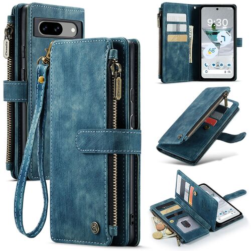 F�r Google Pixel 8a Kunstleder Multifunktion Zipper Wallet Tasche Blau