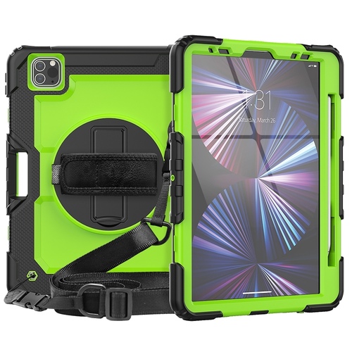 F�r Apple iPad Pro 11 2024 Hybrid 360 Grad Tasche Schultergurt Gr�n