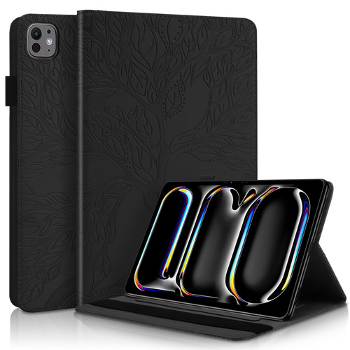F�r Apple iPad Pro 11 2024 Baum Muster Kunstleder H�lle Tasche Schwarz