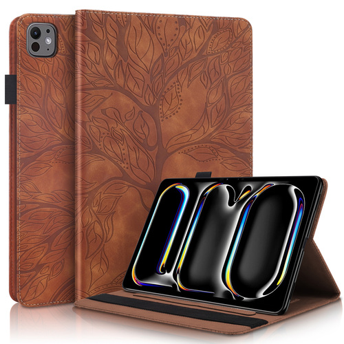 F�r Apple iPad Pro 13.0 2024 Baum Muster Kunstleder H�lle Tasche Braun