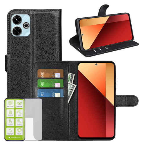 F�r Xiaomi Redmi 13 4G / Poco M6 4G Kunst Leder Tasche + H9 Hart Glas