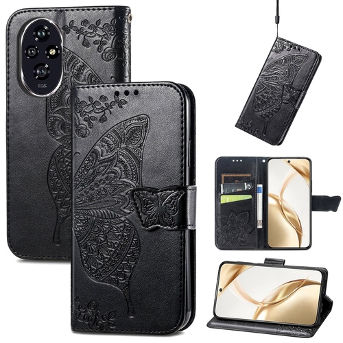 F�r Honor 200 Kunstleder Wallet Tasche Design Schmetterling Schwarz