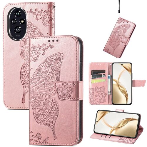 F�r Honor 200 Kunstleder Wallet Tasche Design Schmetterling H�lle Rosa