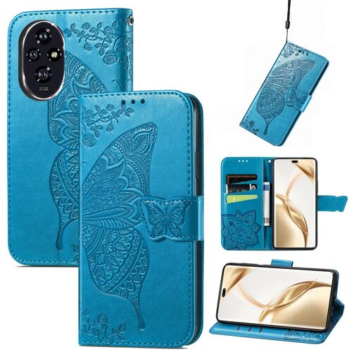 F�r Honor 200 Pro Kunstleder Wallet Tasche Design Schmetterling Blau