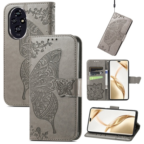 F�r Honor 200 Pro Kunstleder Wallet Tasche Design Schmetterling Grau