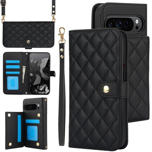 F�r Google Pixel 9 Pro XL Crossbody Rhombic Lederh�lle Kartenf�chern