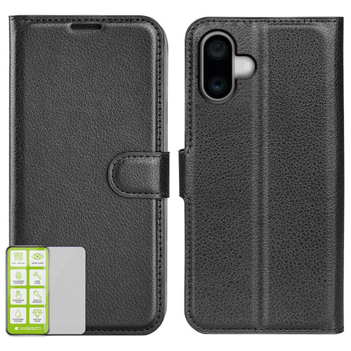 F�r Apple iPhone 16 Kunst Leder Book Wallet Tasche Schwarz Hart Glas AUSWAHL 