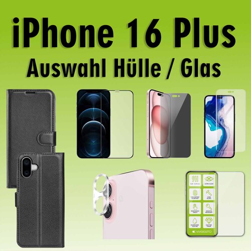 F�r Apple iPhone 16 Plus Kunstleder Book Wallet Tasche Schwarz Hart Glas AUSWAHL