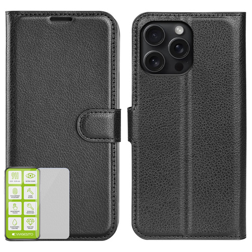 F�r Apple iPhone 16 Pro Max Kunst Leder Book Wallet Tasche + Hart Glas