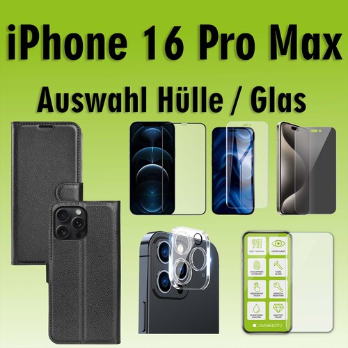 F�r Apple iPhone 16 Pro Max Kunstleder Wallet Tasche Schwarz Hart Glas AUSWAHL