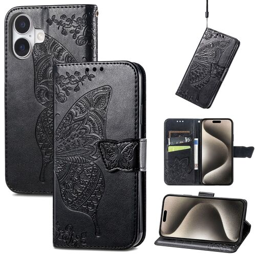 F�r Apple iPhone 16 Kunstleder Wallet Schmetterling H�lle Case Schwarz