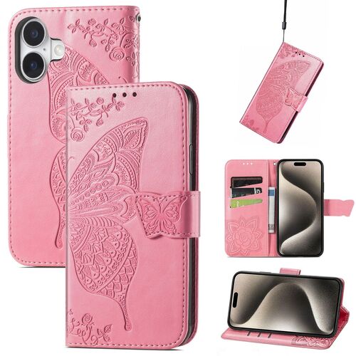 F�r Apple iPhone 16 Kunstleder Wallet Schmetterling H�lle Case Pink