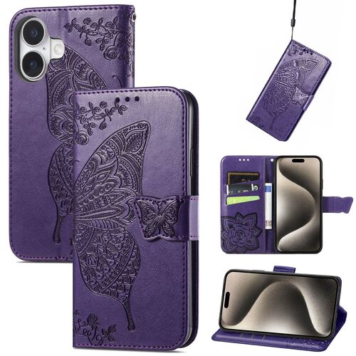 F�r Apple iPhone 16 Kunstleder Wallet Schmetterling H�lle Case Lila