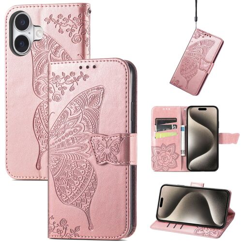 F�r Apple iPhone 16 Kunstleder Wallet Schmetterling H�lle Case Rosa