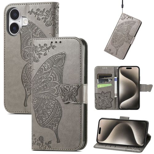 F�r Apple iPhone 16 Kunstleder Wallet Schmetterling H�lle Case Grau