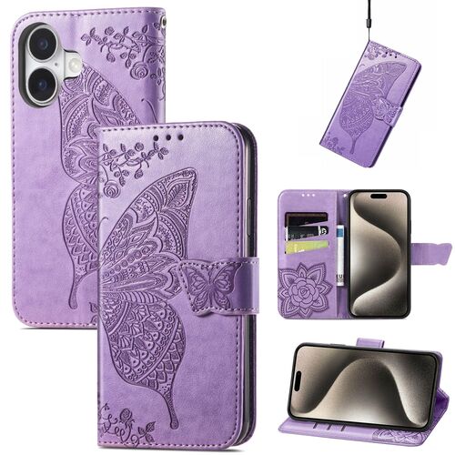 F�r Apple iPhone 16 Plus Kunstleder Wallet Schmetterling H�lle H- Lila