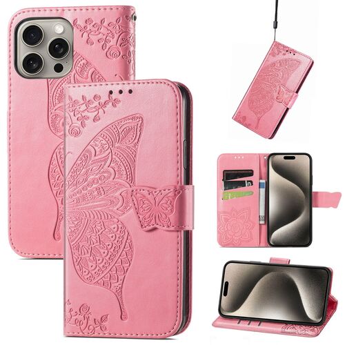 F�r Apple iPhone 16 Pro Kunstleder Wallet Schmetterling H�lle Pink