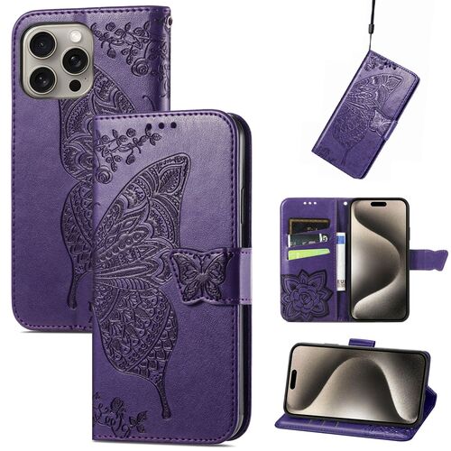 F�r Apple iPhone 16 Pro Kunstleder Wallet Schmetterling H�lle Lila
