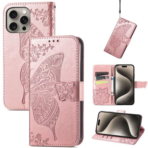 F�r Apple iPhone 16 Pro Max Book Wallet Etuis Schmetterling H�lle Rosa