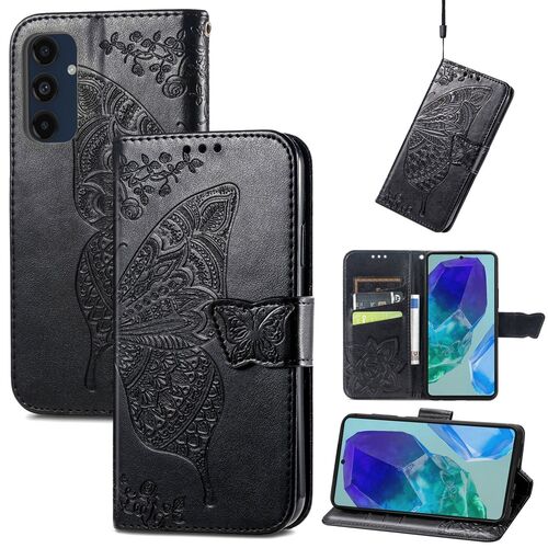 F�r Samsung Galaxy A16 Kunstleder Wallet Schmetterling H�lle Schwarz