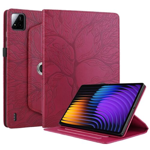 F�r Xiaomi Pad 7 / 7 Pro 360 Grad Baum Motiv Kunstleder Tasche Rot