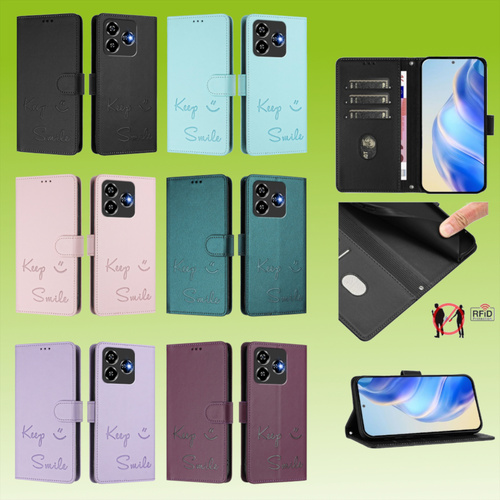 F�r Smartphone Keep Smile Design Book Wallet Kunstleder RFID Schutz H�lle Tasche