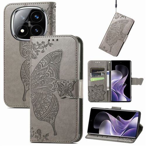F�r Xiaomi Redmi Note 14 Pro 5G Kunstleder Schmetterling H�lle Grau