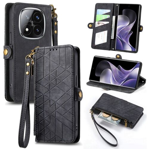 F�r Xiaomi Redmi Note 14 Pro Plus 5G Kunstleder Zipper Tasche Schwarz