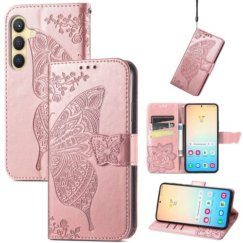 F�r Samsung Galaxy S25 5G Kunstleder Wallet Schmetterling H�lle Rosa