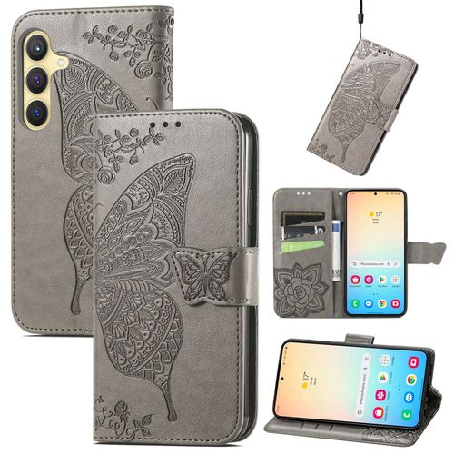 F�r Samsung Galaxy S25 5G Kunstleder Wallet Schmetterling H�lle Grau