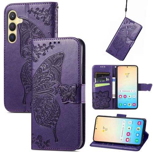 F�r Samsung Galaxy S25 5G Kunstleder Wallet Schmetterling H�lle Lila