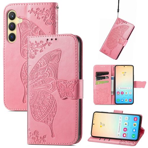 F�r Samsung Galaxy S25 Plus Kunstleder Wallet Schmetterling H�lle Pink
