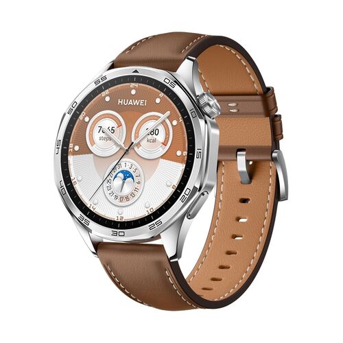 F�r Huawei Watch GT 5 Pro 46mm Leder Armband silberner Schnalle Braun
