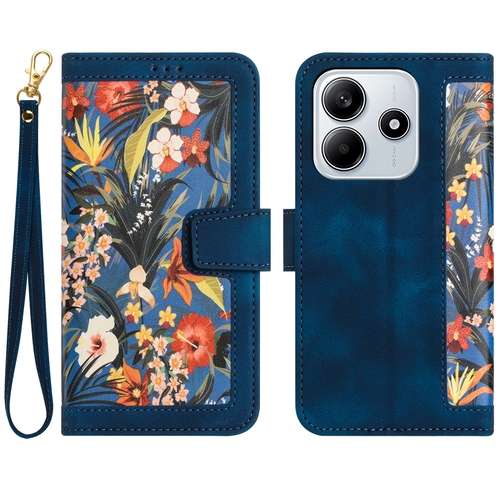 F�r Xiaomi Redmi Note 14 5G Kunstleder Wallet Blumen H�lle Dunkelblau